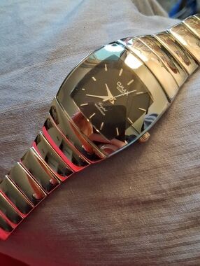 Omax Crystal Waterproof  Slim Stainless Steel Bracelet Watch - Black Dial